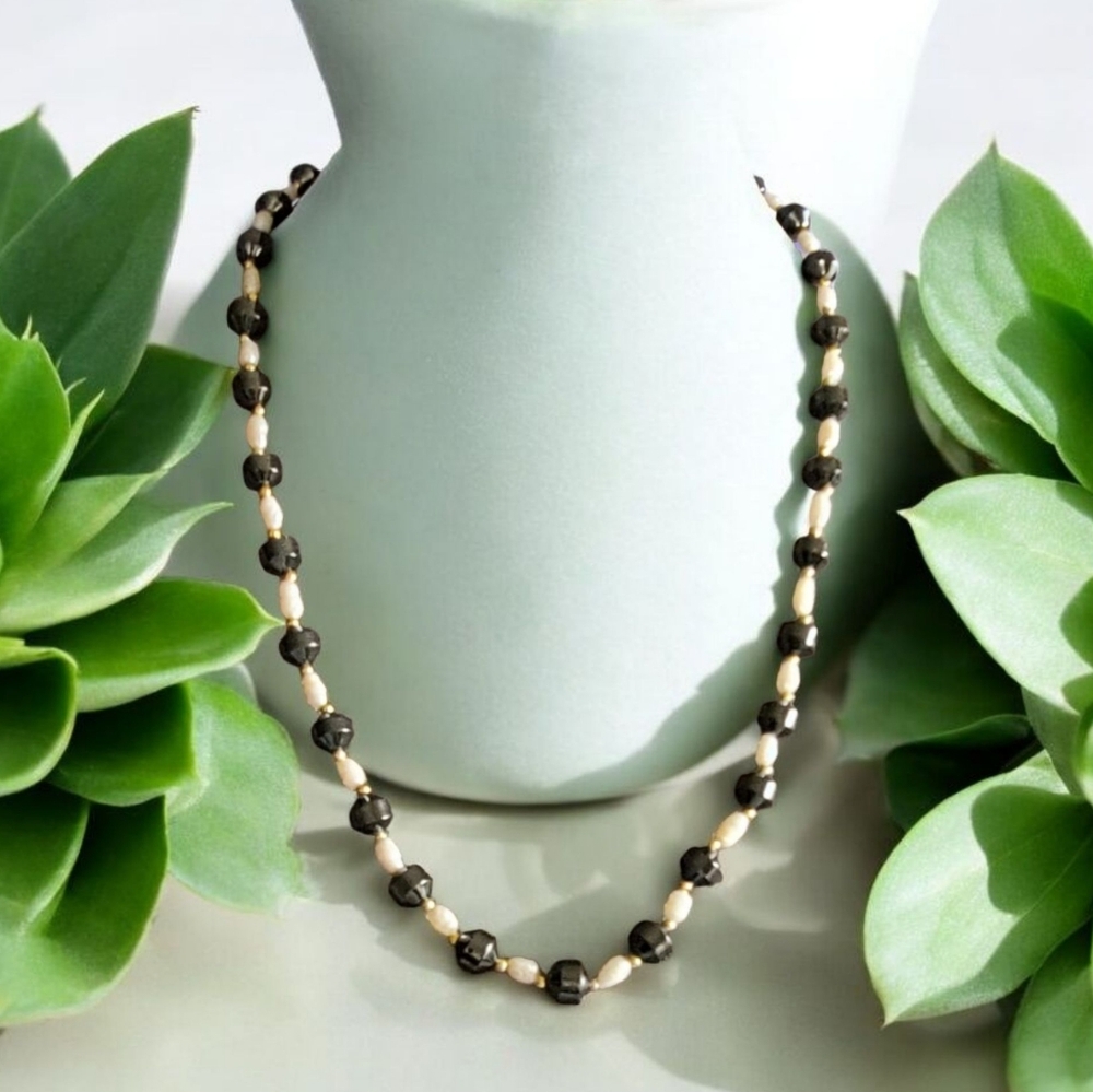 Vtg. Natural Hematite & Rice Pearls Necklace